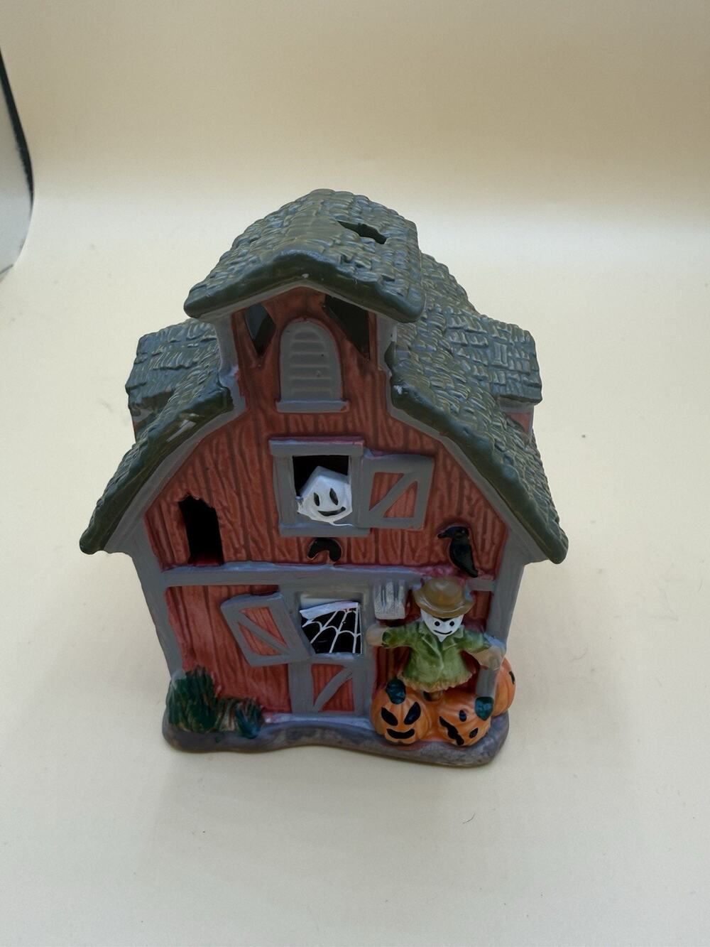 Halloween Haunted Barn Ceramic Tealight Candle Holder Scarecrow Ghost Pumpkin